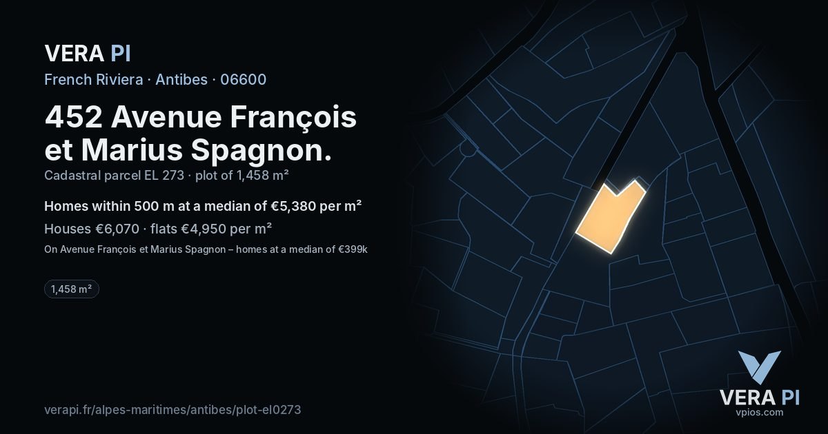452 Avenue François et Marius Spagnon, Antibes at night – the plot lit, the parcels around coloured by the prices near them