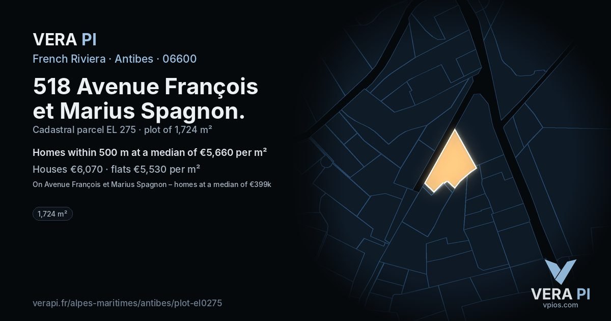 518 Avenue François et Marius Spagnon, Antibes at night – the plot lit, the parcels around coloured by the prices near them