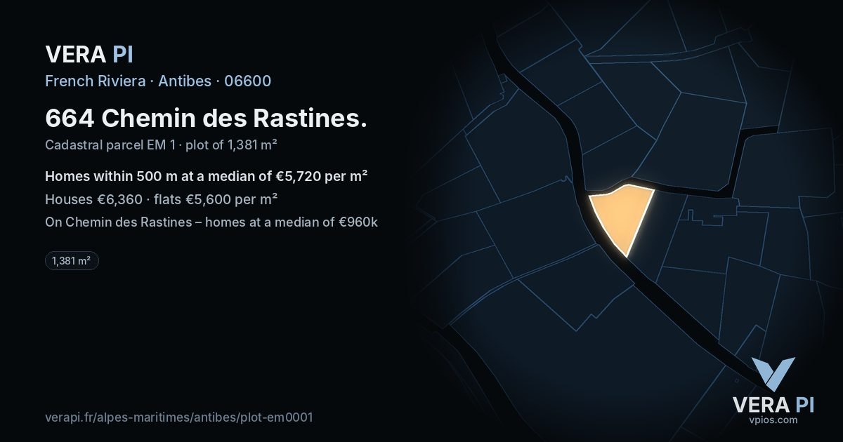 664 Chemin des Rastines, Antibes at night – the plot lit, the parcels around coloured by the prices near them