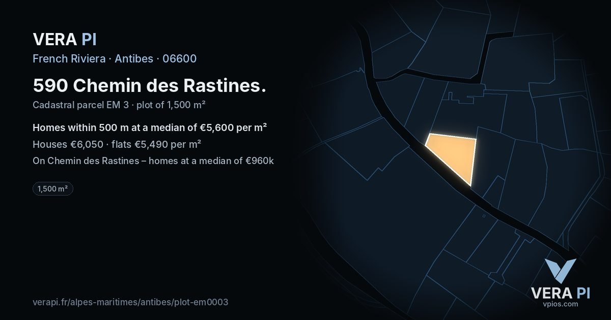 590 Chemin des Rastines, Antibes at night – the plot lit, the parcels around coloured by the prices near them