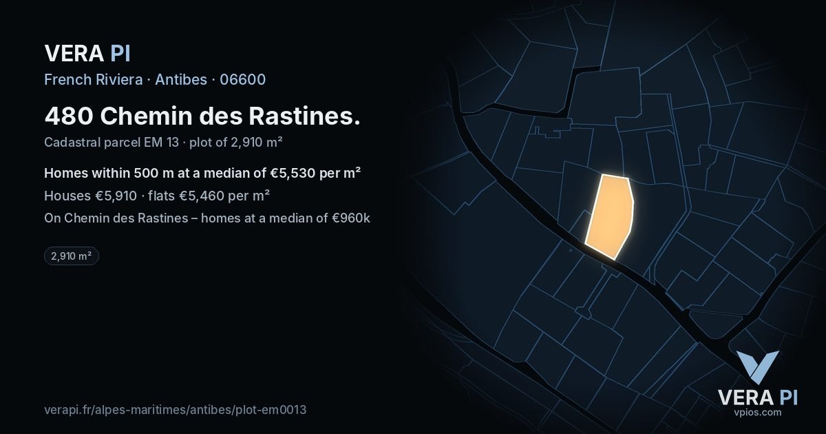 480 Chemin des Rastines, Antibes at night – the plot lit, the parcels around coloured by the prices near them