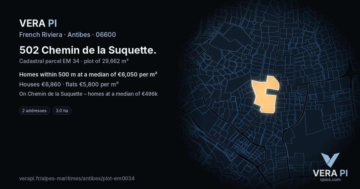 502 Chemin de la Suquette, Antibes at night – the plot lit, the parcels around coloured by the prices near them