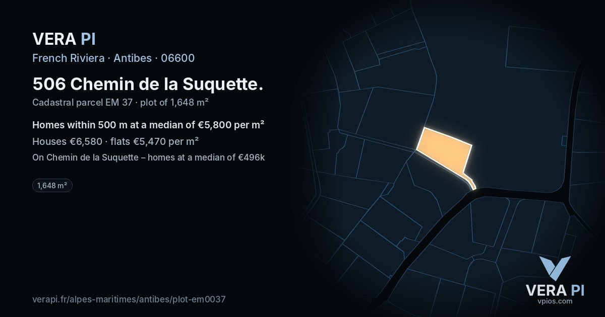 506 Chemin de la Suquette, Antibes at night – the plot lit, the parcels around coloured by the prices near them