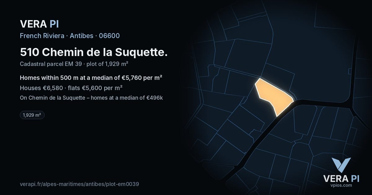 510 Chemin de la Suquette, Antibes at night – the plot lit, the parcels around coloured by the prices near them