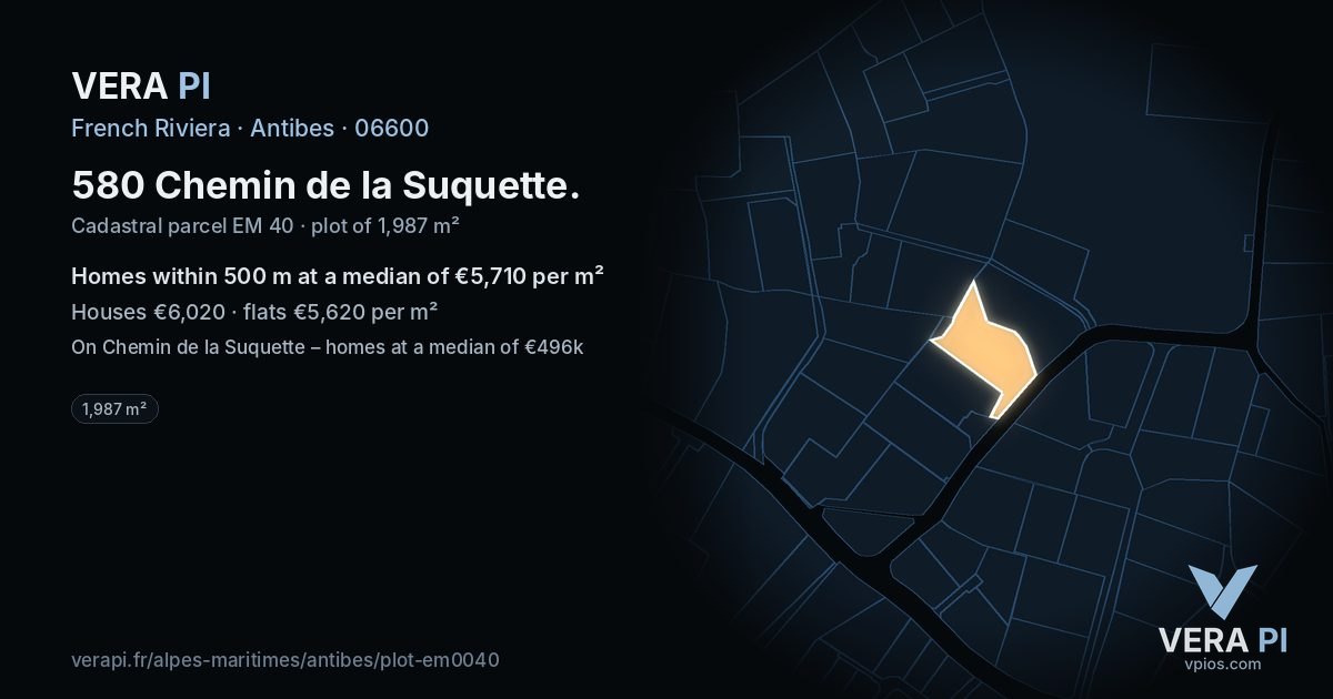 580 Chemin de la Suquette, Antibes at night – the plot lit, the parcels around coloured by the prices near them