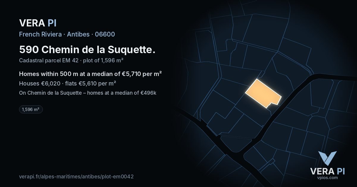 590 Chemin de la Suquette, Antibes at night – the plot lit, the parcels around coloured by the prices near them