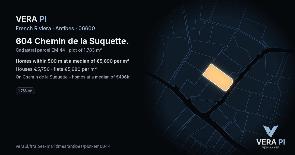 604 Chemin de la Suquette, Antibes at night – the plot lit, the parcels around coloured by the prices near them