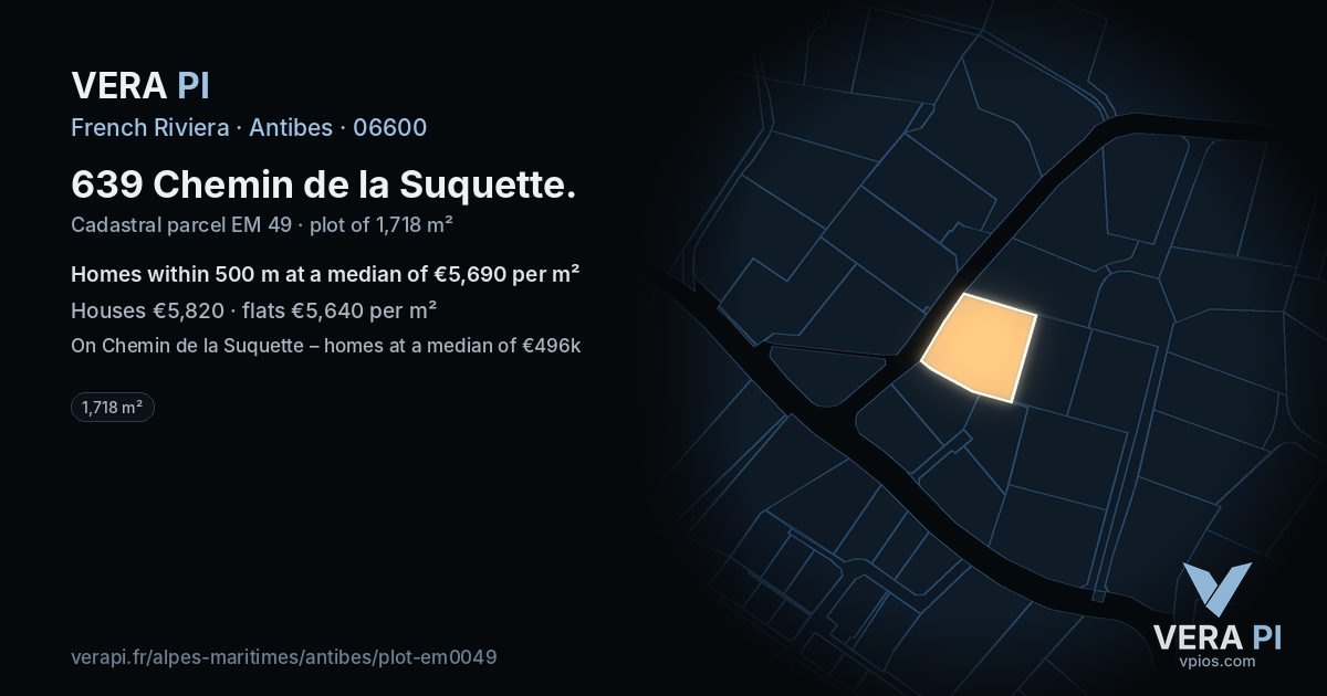 639 Chemin de la Suquette, Antibes at night – the plot lit, the parcels around coloured by the prices near them