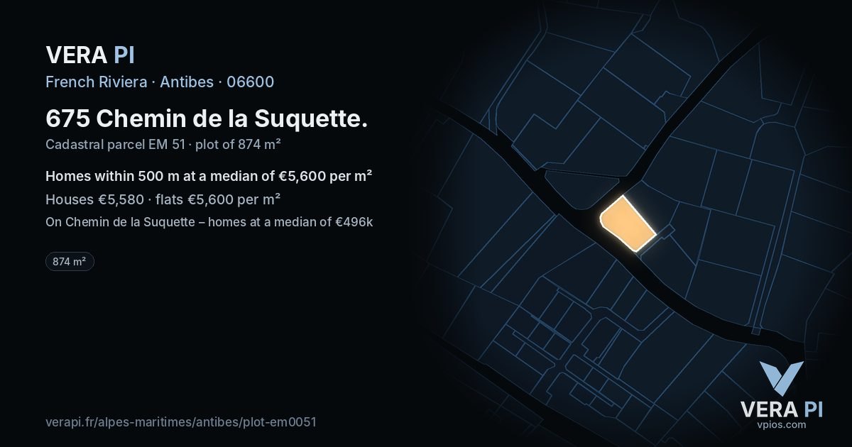675 Chemin de la Suquette, Antibes at night – the plot lit, the parcels around coloured by the prices near them