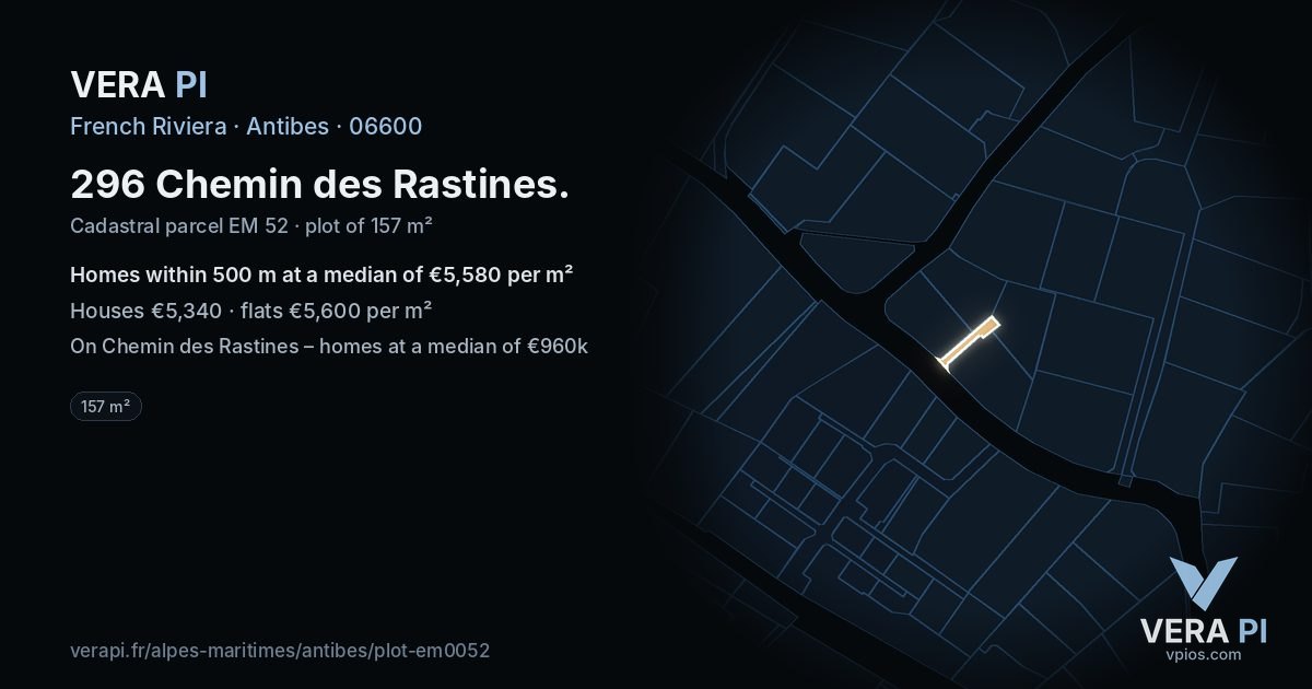 296 Chemin des Rastines, Antibes at night – the plot lit, the parcels around coloured by the prices near them
