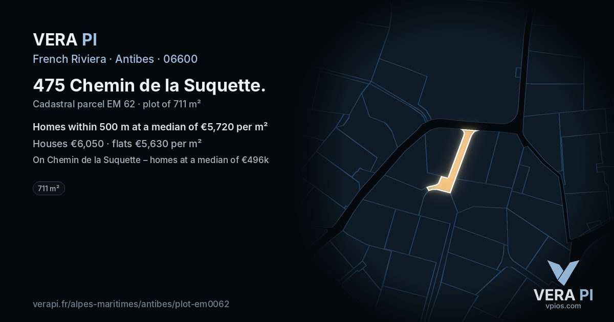 475 Chemin de la Suquette, Antibes at night – the plot lit, the parcels around coloured by the prices near them