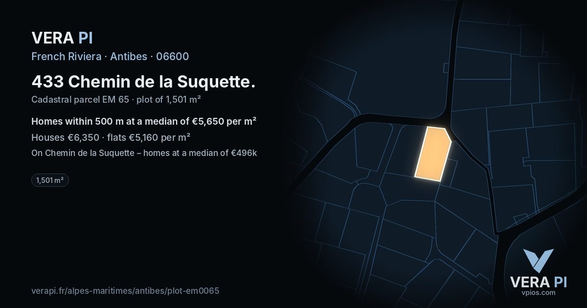433 Chemin de la Suquette, Antibes at night – the plot lit, the parcels around coloured by the prices near them