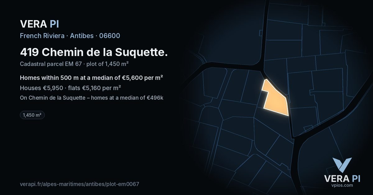 419 Chemin de la Suquette, Antibes at night – the plot lit, the parcels around coloured by the prices near them