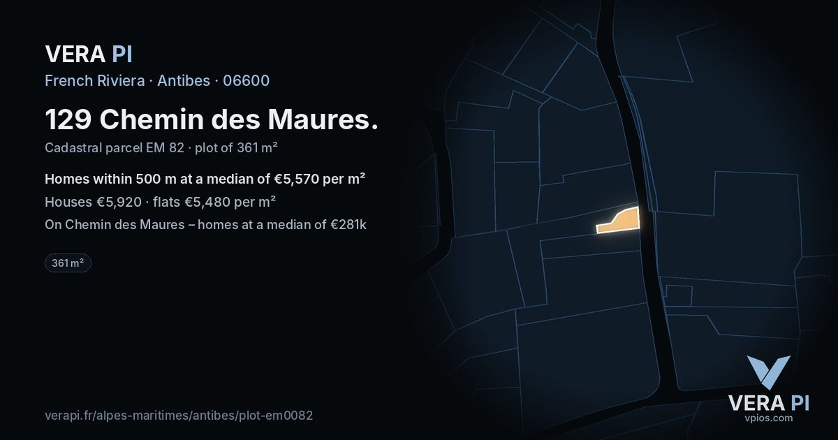 129 Chemin des Maures, Antibes at night – the plot lit, the parcels around coloured by the prices near them