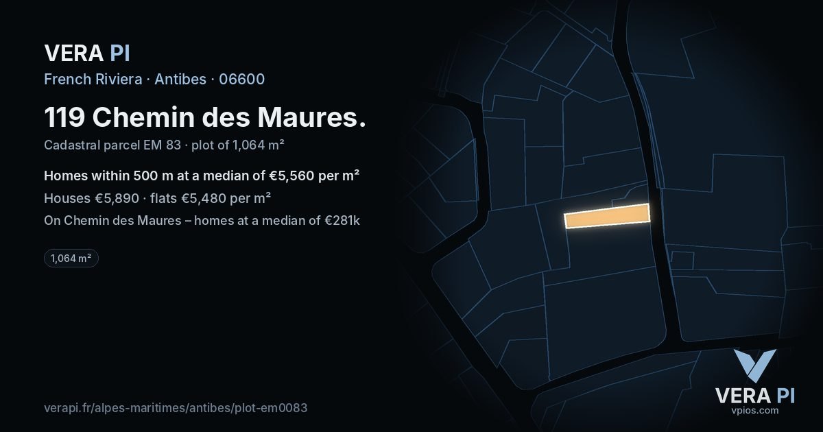 119 Chemin des Maures, Antibes at night – the plot lit, the parcels around coloured by the prices near them