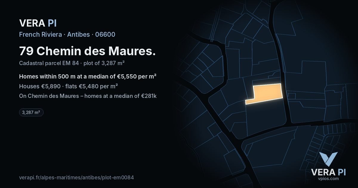 79 Chemin des Maures, Antibes at night – the plot lit, the parcels around coloured by the prices near them