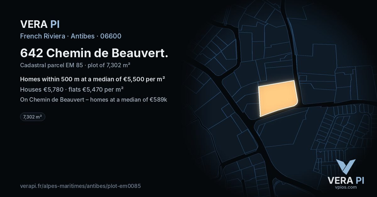 642 Chemin de Beauvert, Antibes at night – the plot lit, the parcels around coloured by the prices near them