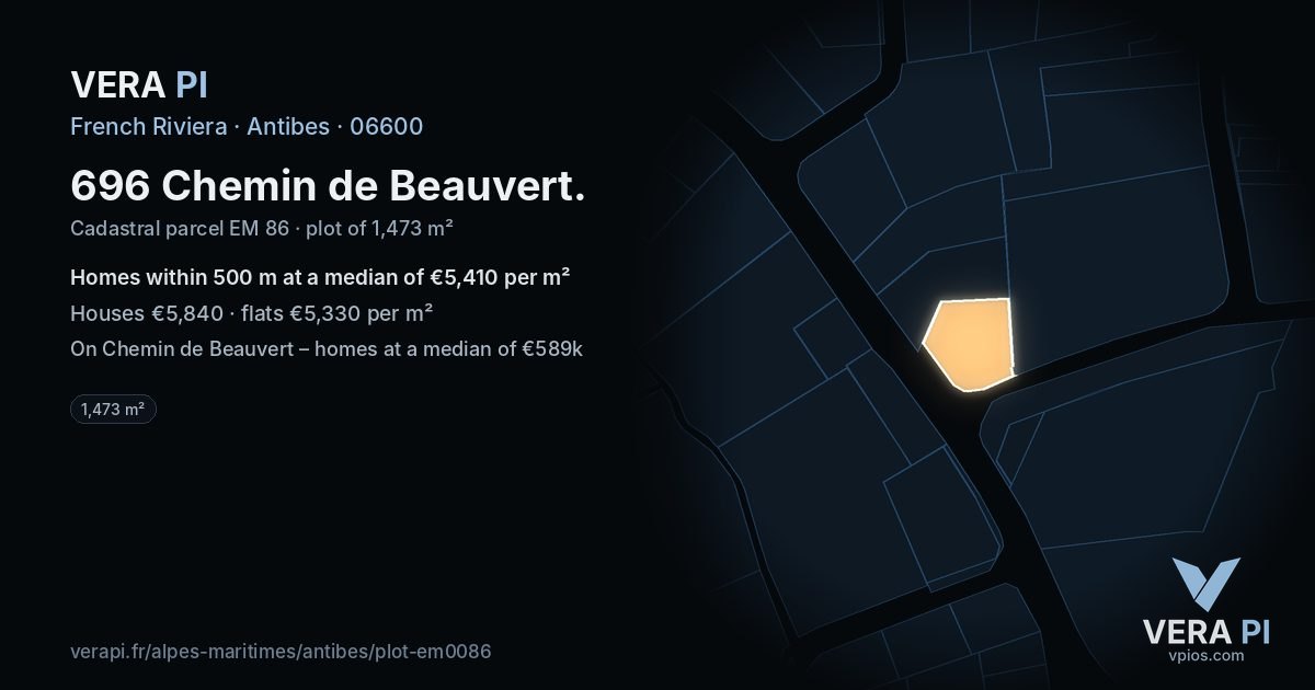 696 Chemin de Beauvert, Antibes at night – the plot lit, the parcels around coloured by the prices near them