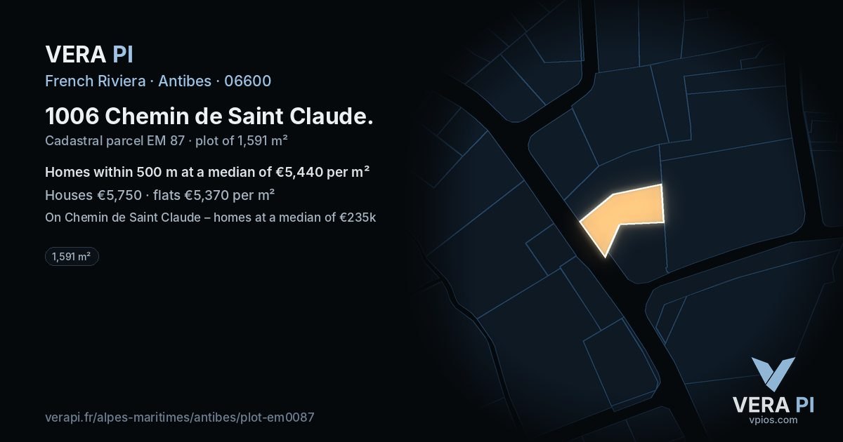 1006 Chemin de Saint Claude, Antibes at night – the plot lit, the parcels around coloured by the prices near them