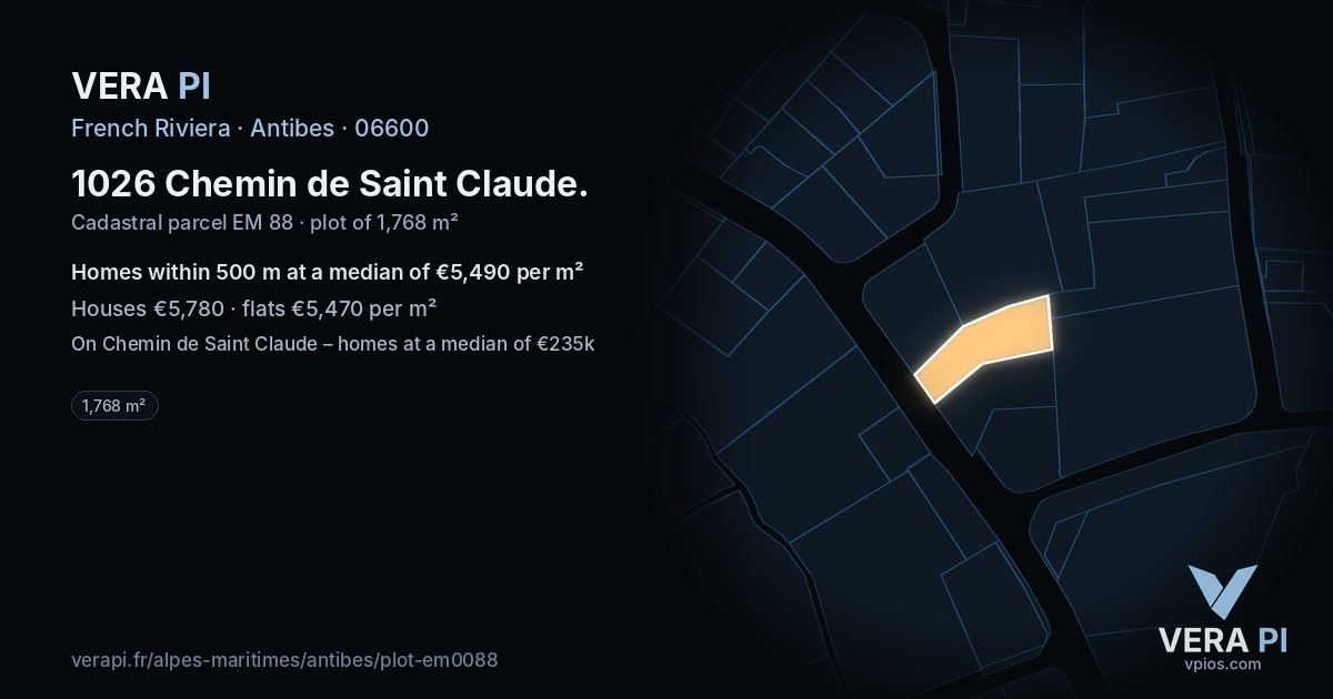 1026 Chemin de Saint Claude, Antibes at night – the plot lit, the parcels around coloured by the prices near them