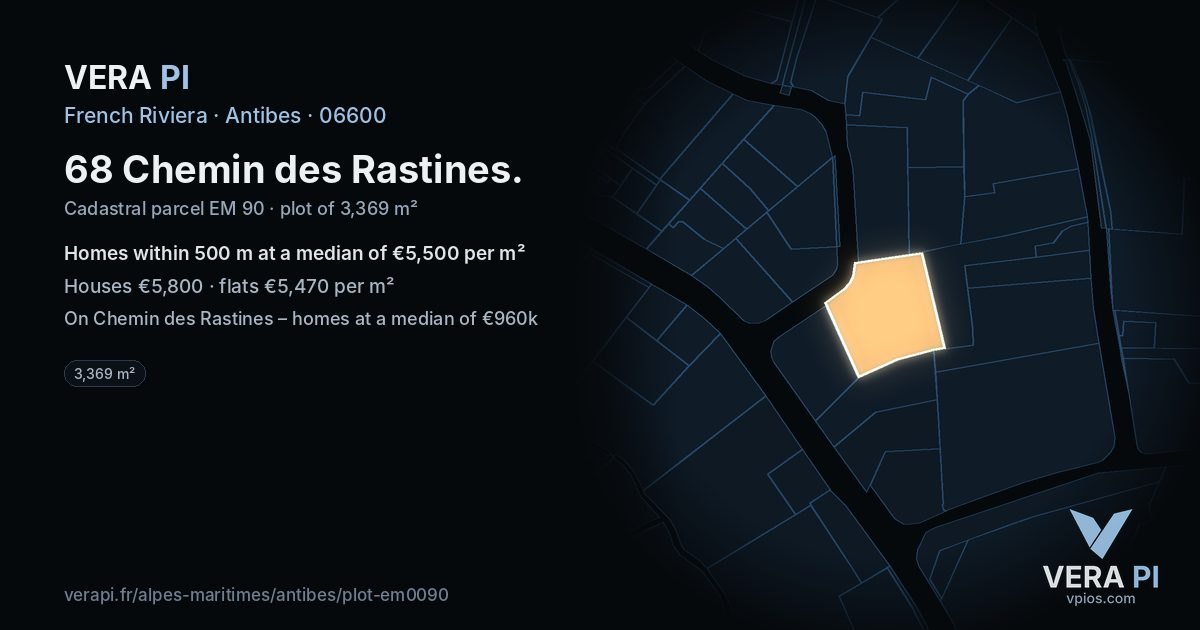 68 Chemin des Rastines, Antibes at night – the plot lit, the parcels around coloured by the prices near them