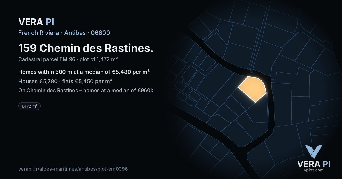 159 Chemin des Rastines, Antibes at night – the plot lit, the parcels around coloured by the prices near them