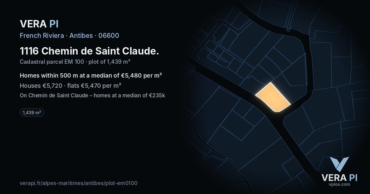 1116 Chemin de Saint Claude, Antibes at night – the plot lit, the parcels around coloured by the prices near them