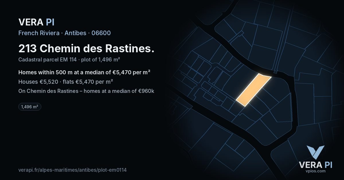 213 Chemin des Rastines, Antibes at night – the plot lit, the parcels around coloured by the prices near them