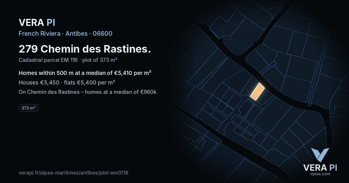 279 Chemin des Rastines, Antibes at night – the plot lit, the parcels around coloured by the prices near them
