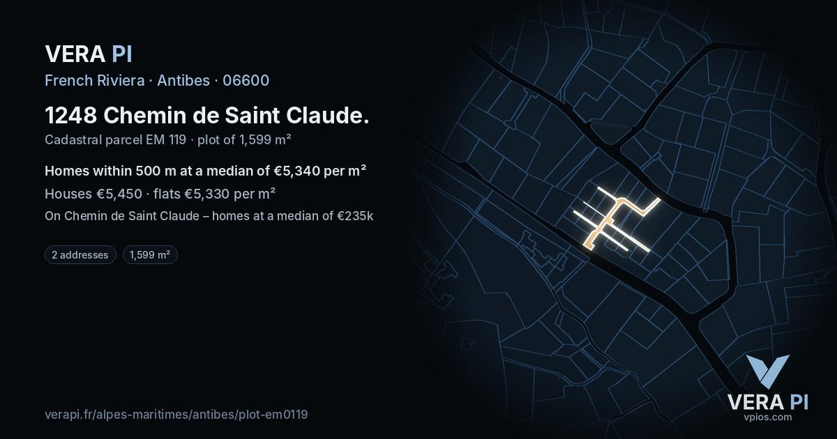 1248 Chemin de Saint Claude, Antibes at night – the plot lit, the parcels around coloured by the prices near them