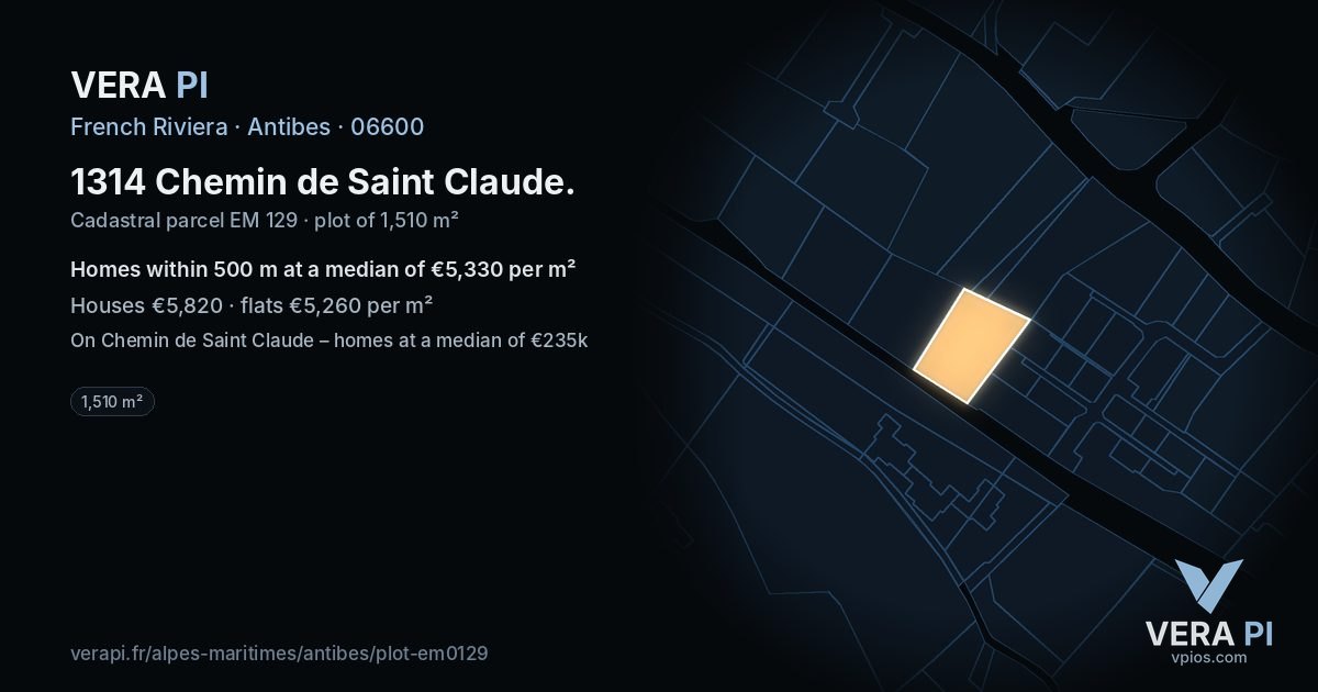 1314 Chemin de Saint Claude, Antibes at night – the plot lit, the parcels around coloured by the prices near them