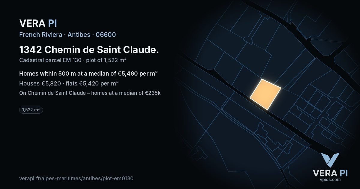 1342 Chemin de Saint Claude, Antibes at night – the plot lit, the parcels around coloured by the prices near them