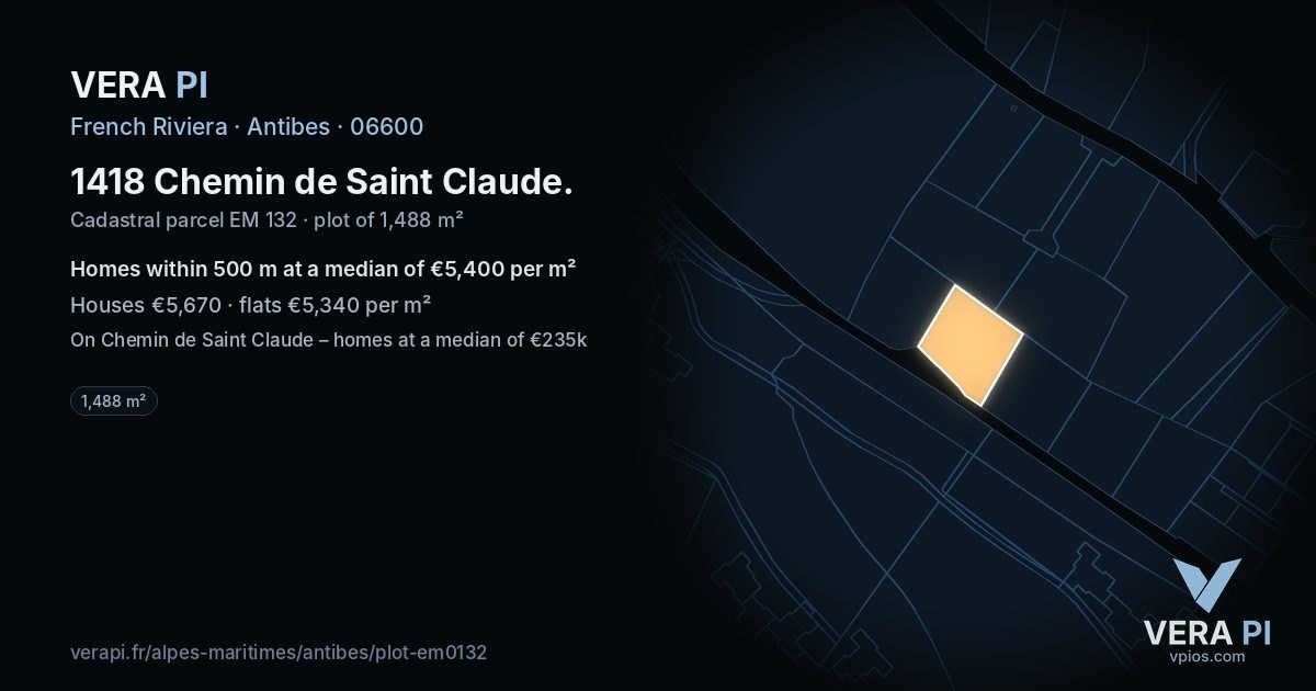 1418 Chemin de Saint Claude, Antibes at night – the plot lit, the parcels around coloured by the prices near them