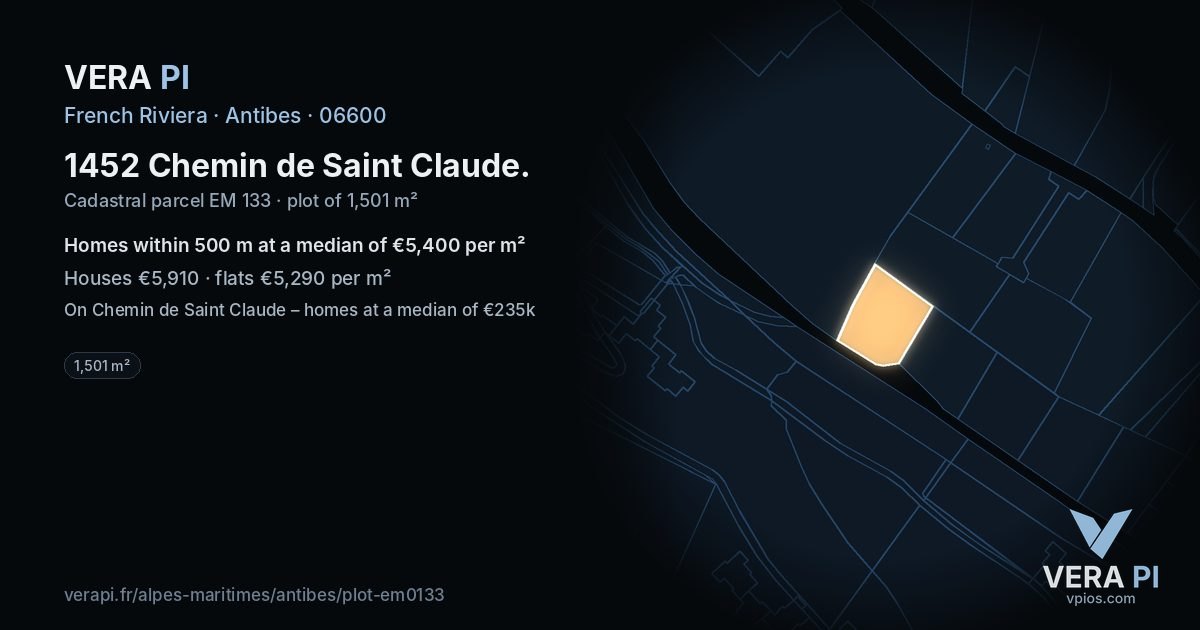 1452 Chemin de Saint Claude, Antibes at night – the plot lit, the parcels around coloured by the prices near them
