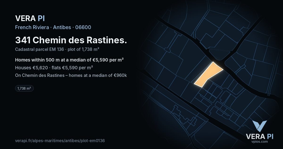 341 Chemin des Rastines, Antibes at night – the plot lit, the parcels around coloured by the prices near them
