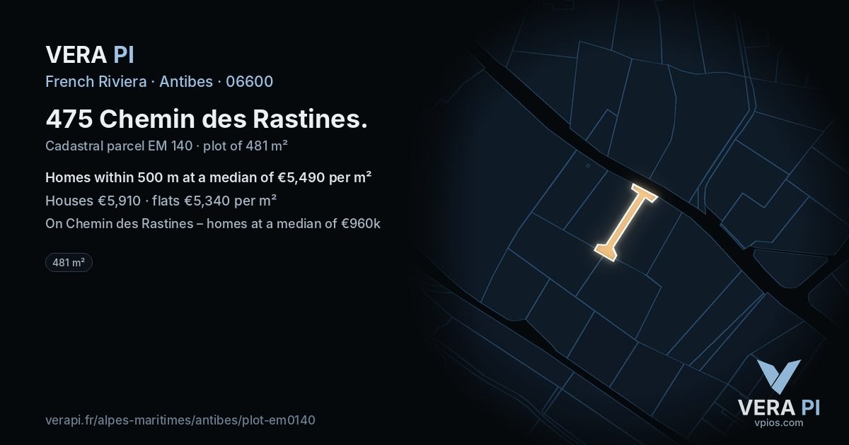 475 Chemin des Rastines, Antibes at night – the plot lit, the parcels around coloured by the prices near them