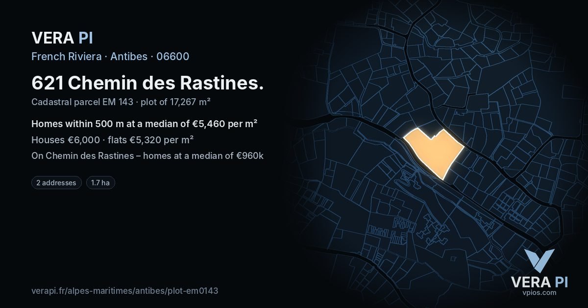 621 Chemin des Rastines, Antibes at night – the plot lit, the parcels around coloured by the prices near them
