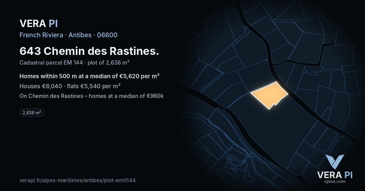 643 Chemin des Rastines, Antibes at night – the plot lit, the parcels around coloured by the prices near them