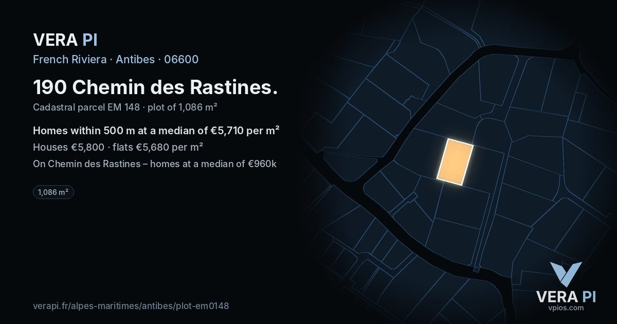 190 Chemin des Rastines, Antibes at night – the plot lit, the parcels around coloured by the prices near them