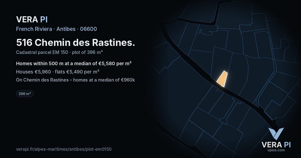 516 Chemin des Rastines, Antibes at night – the plot lit, the parcels around coloured by the prices near them