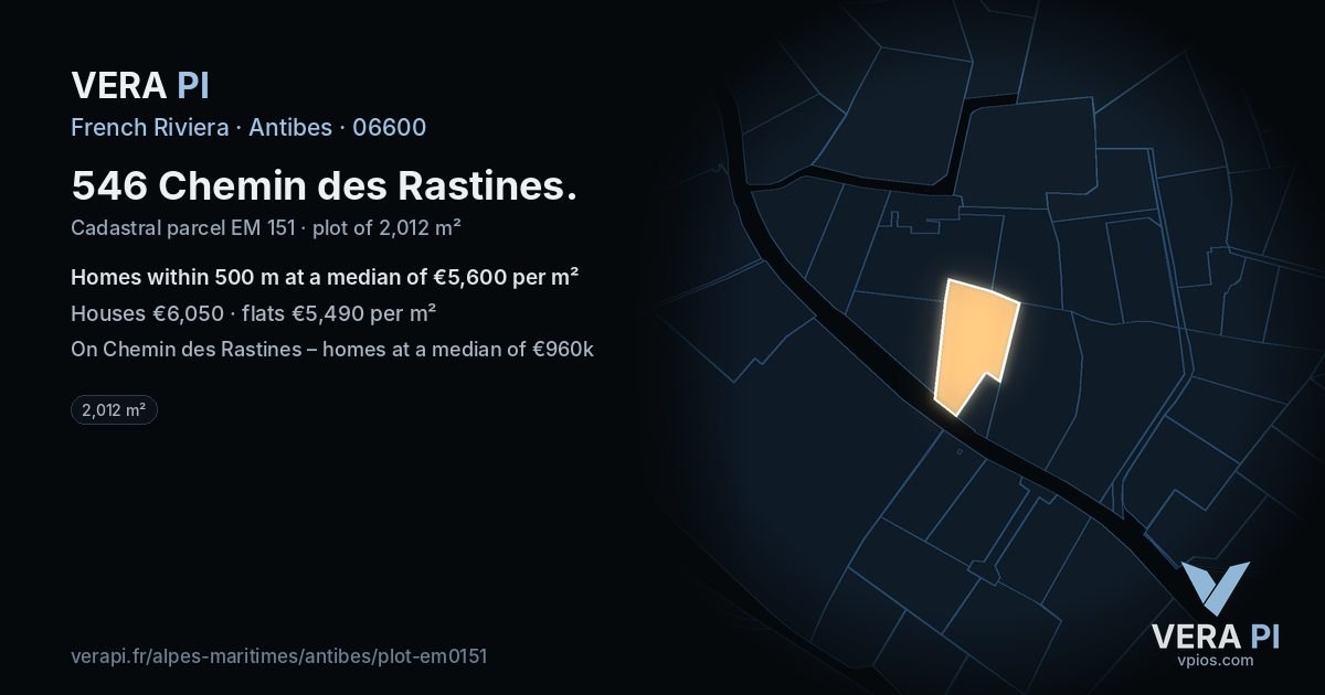 546 Chemin des Rastines, Antibes at night – the plot lit, the parcels around coloured by the prices near them