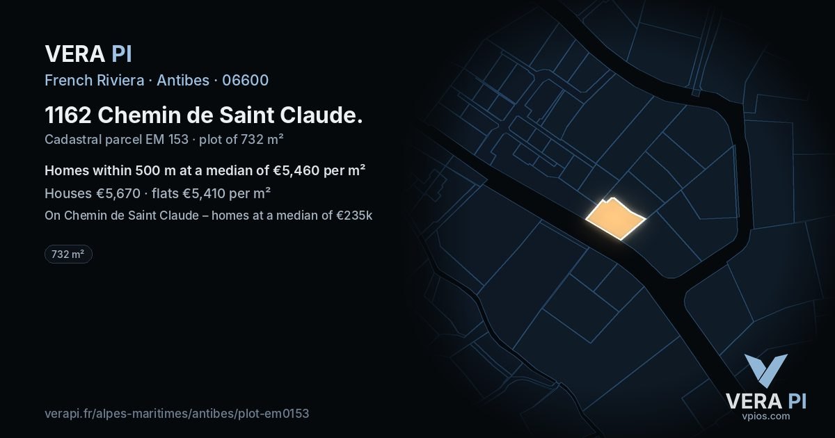 1162 Chemin de Saint Claude, Antibes at night – the plot lit, the parcels around coloured by the prices near them