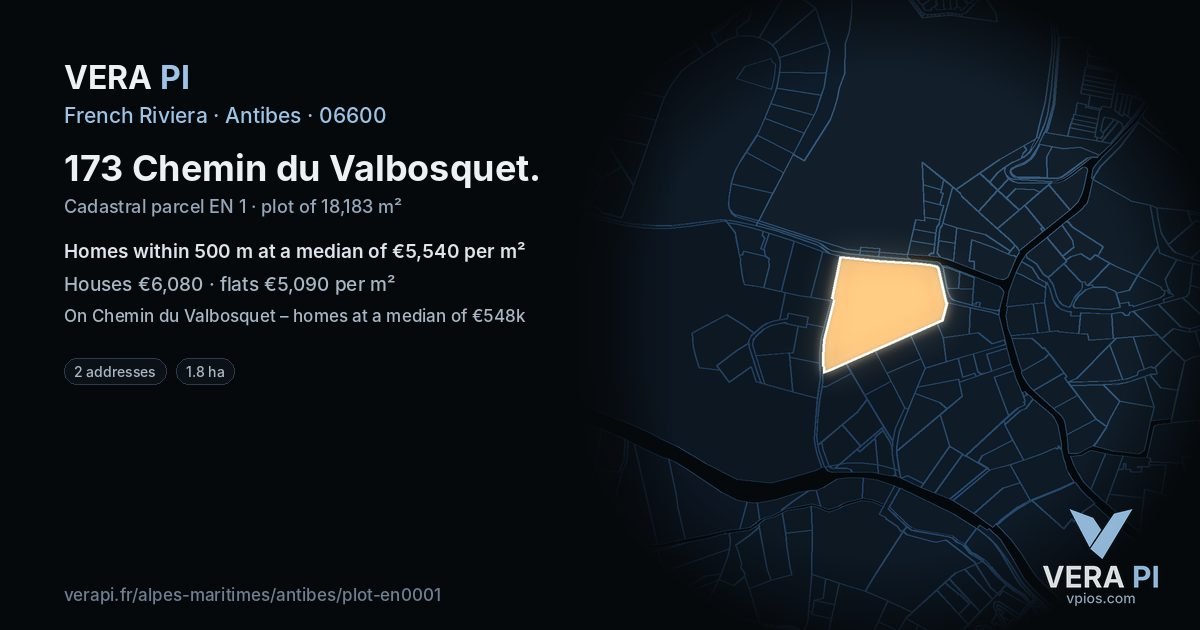 173 Chemin du Valbosquet, Antibes at night – the plot lit, the parcels around coloured by the prices near them