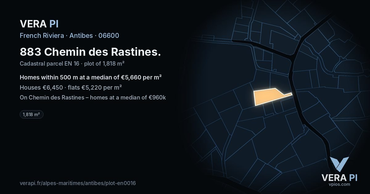 883 Chemin des Rastines, Antibes at night – the plot lit, the parcels around coloured by the prices near them