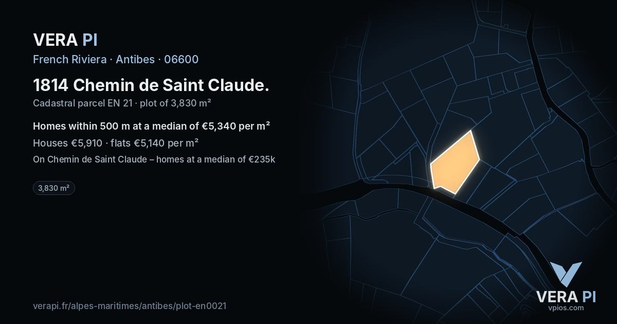 1814 Chemin de Saint Claude, Antibes at night – the plot lit, the parcels around coloured by the prices near them