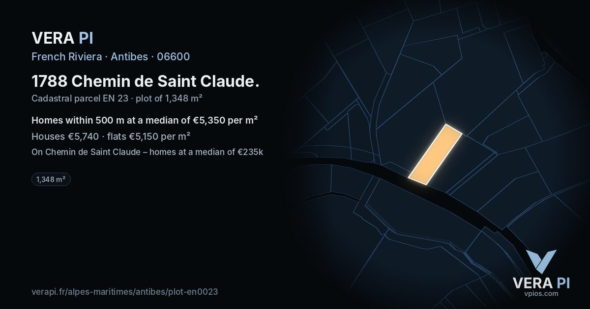 1788 Chemin de Saint Claude, Antibes at night – the plot lit, the parcels around coloured by the prices near them