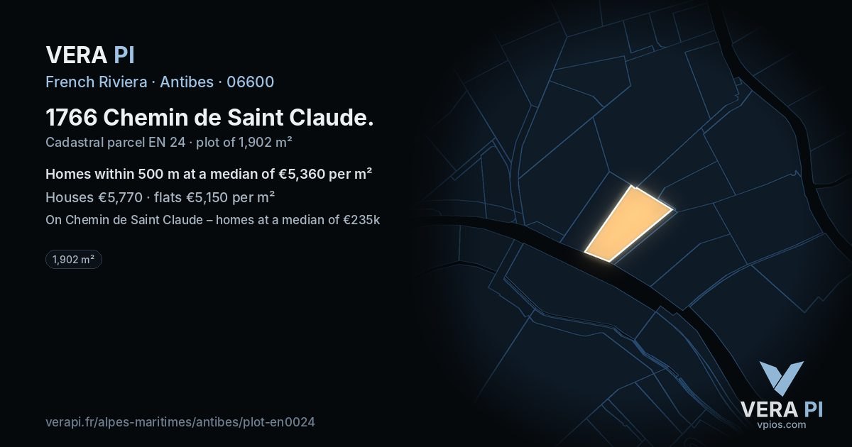 1766 Chemin de Saint Claude, Antibes at night – the plot lit, the parcels around coloured by the prices near them