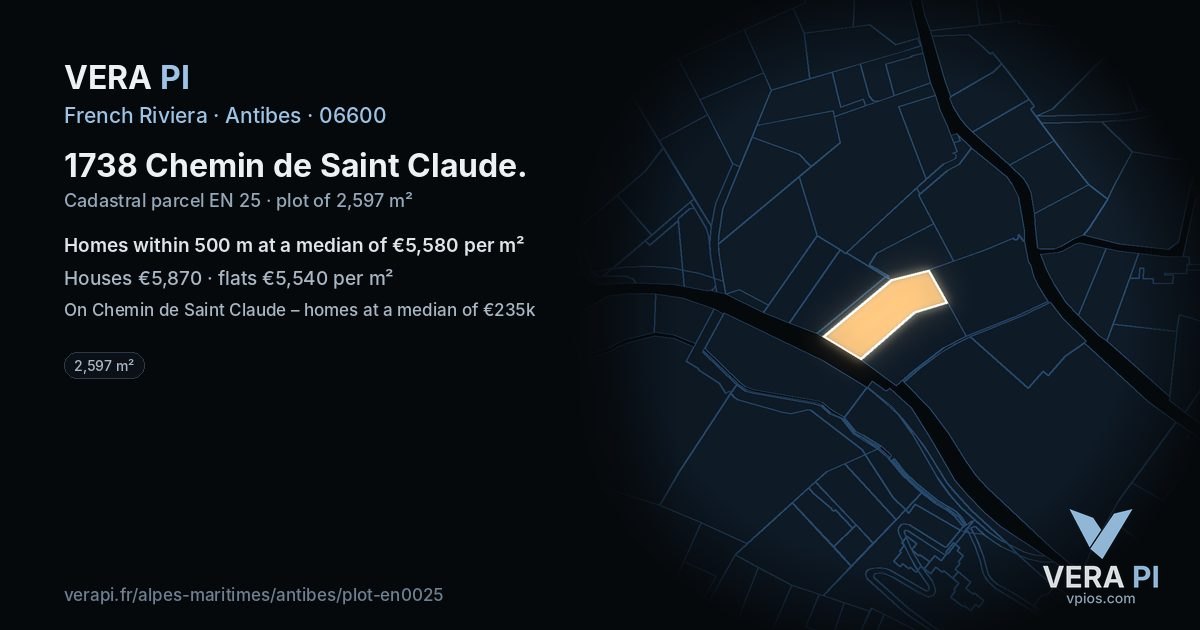 1738 Chemin de Saint Claude, Antibes at night – the plot lit, the parcels around coloured by the prices near them