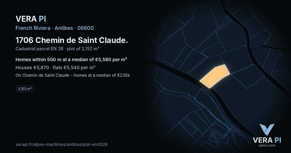 1706 Chemin de Saint Claude, Antibes at night – the plot lit, the parcels around coloured by the prices near them