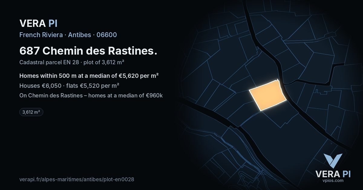 687 Chemin des Rastines, Antibes at night – the plot lit, the parcels around coloured by the prices near them